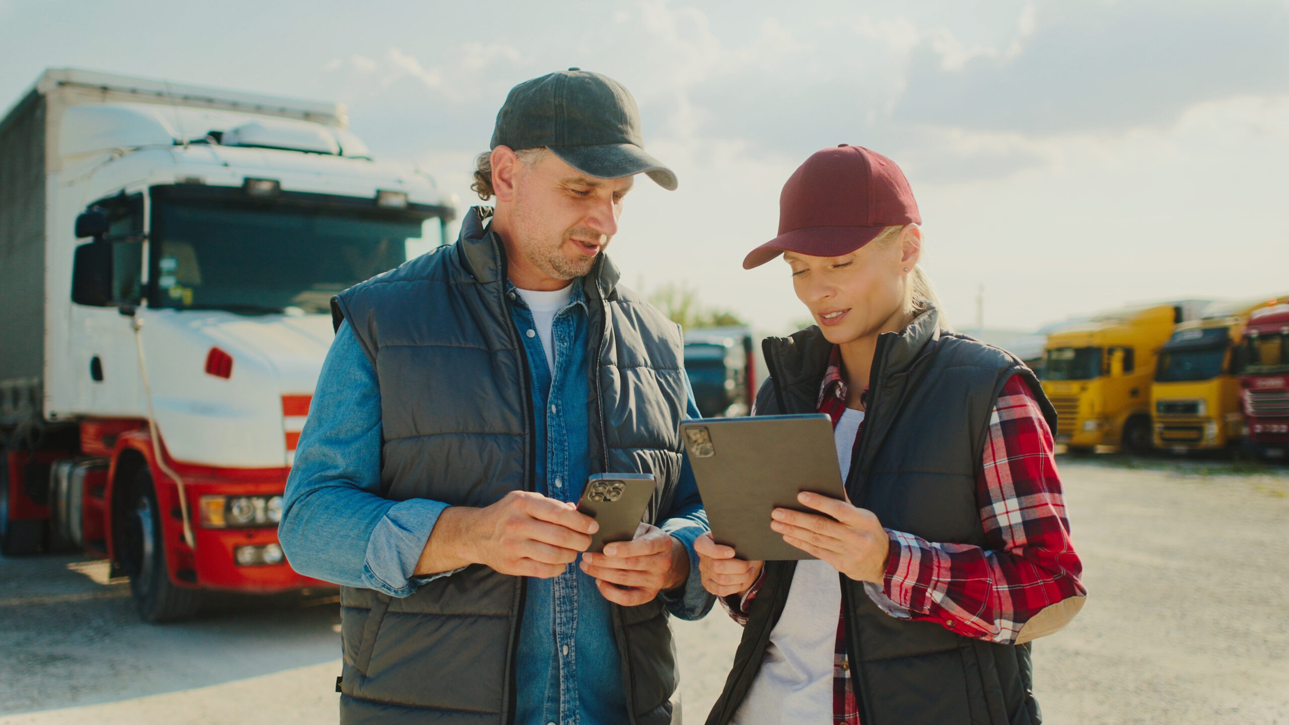 Caucasian man and woman standing at truck pit stop. Discussing something while looking at information on tablet device. Having issues about order information or delivery confirmation from customer.
