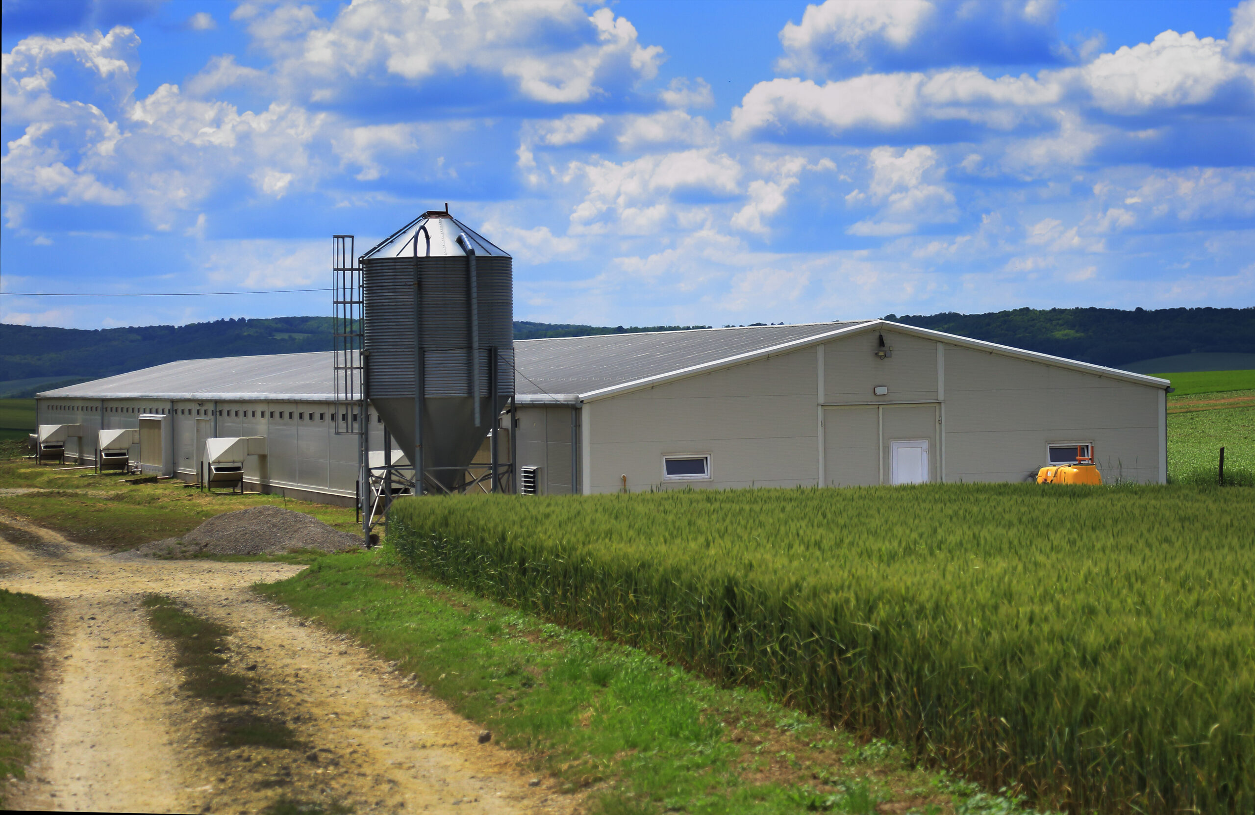 Modern farm buildings with silo and cereal