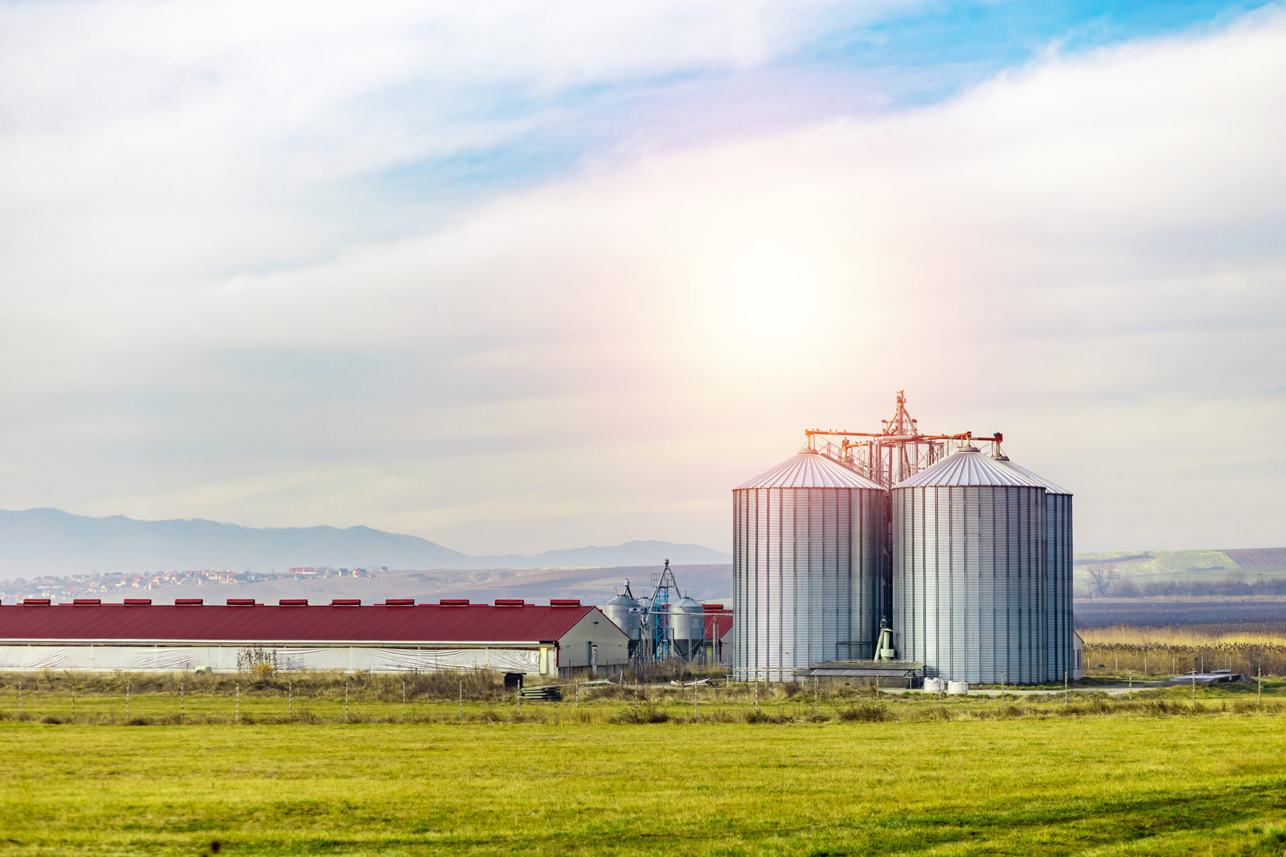 industrial place, two huge metal silo next to a pig farm on the green field, blue sky with clouds