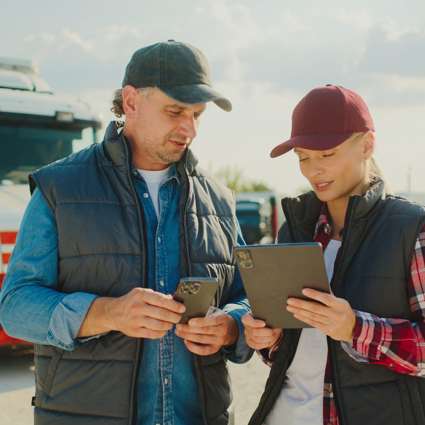 Caucasian man and woman standing at truck pit stop. Discussing something while looking at information on tablet device. Having issues about order information or delivery confirmation from customer.