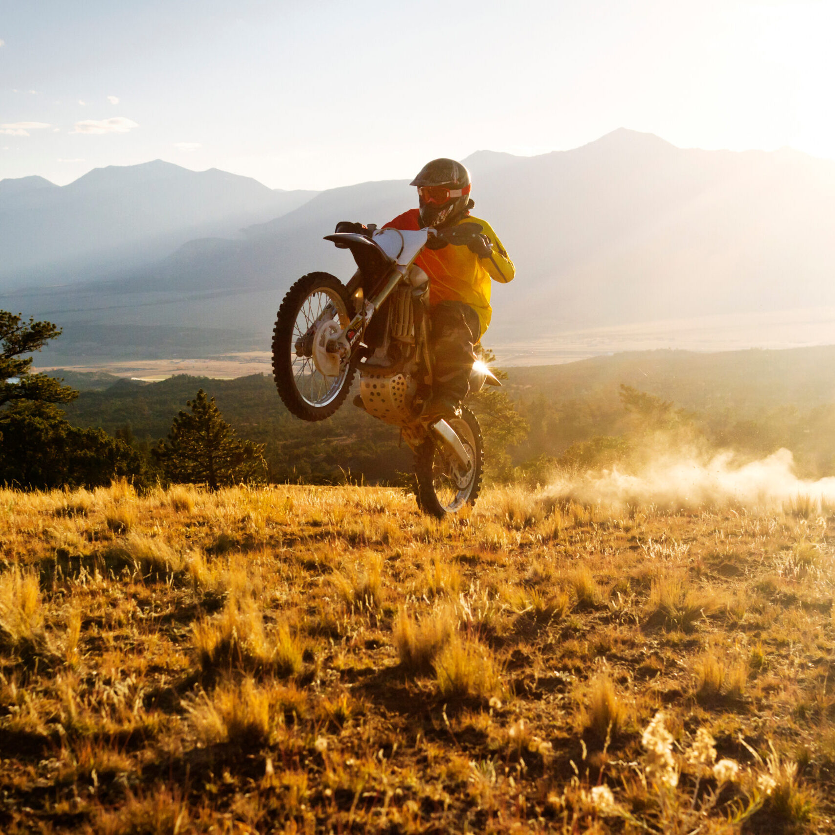 Dirt biker performing stunt on field against sky
