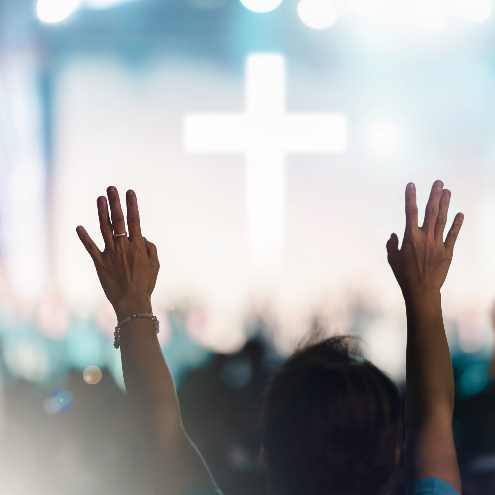 Christian worship concert background. people group sing praise and pray to god in Church on easter day or Sunday