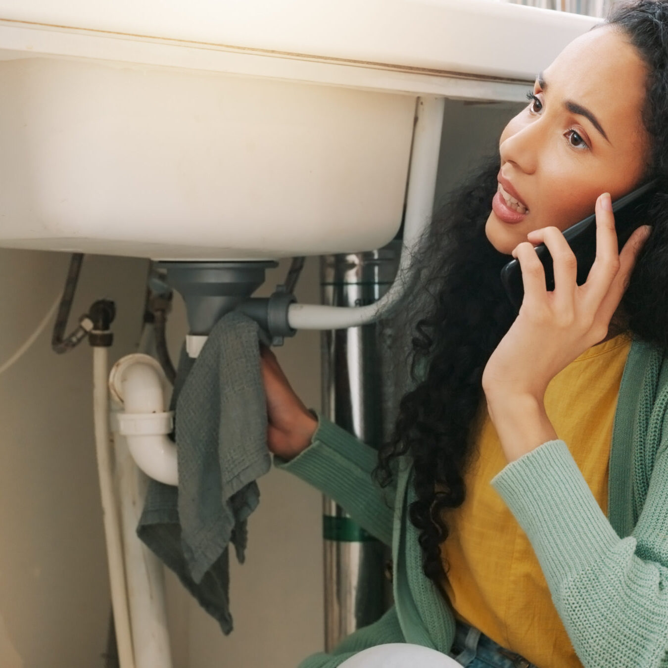 Sink leak, plumbing and woman on a phone call for maintenance, plumber service and home construction. Communication, manual labour and stressed girl calling handyman for faucet, pipes or kitchen leak.
